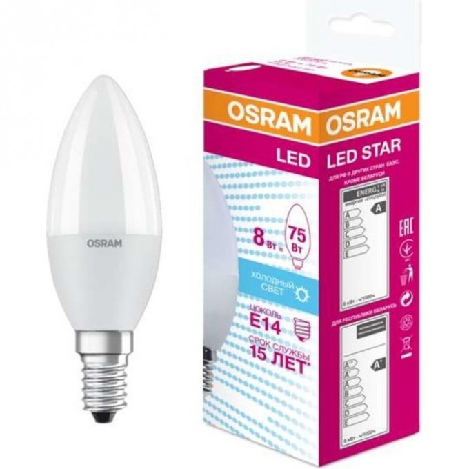 Лампа светодиодная LED OSRAM STAR Classic B 75 7.5W/840 4000К E14 806лм 220-240В 4058075210714 Лампа светодиодная LED OSRAM STAR Classic B 75 7.5W/840 4000К E14 806лм 220-240В 4058075210714
