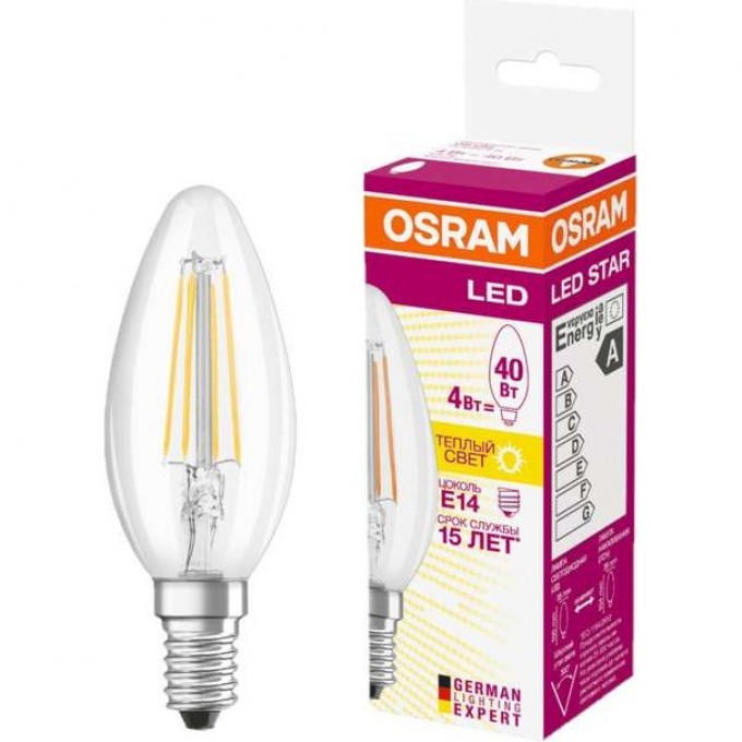Лампа светодиодная филаментная LED OSRAM STAR CLASSIC B 40 4W/827 2700К E14 470лм 220-240В 4058075068353 Лампа светодиодная филаментная LED OSRAM STAR CLASSIC B 40 4W/827 2700К E14 470лм 220-240В 4058075068353