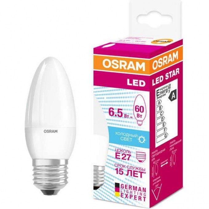 Лампа светодиодная LED OSRAM STAR Classic B 60 6.5W/840 4000К E27 550лм 220-240В 4058075134201 Лампа светодиодная LED OSRAM STAR Classic B 60 6.5W/840 4000К E27 550лм 220-240В 4058075134201