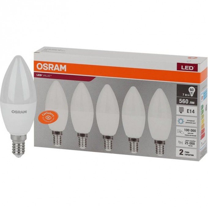 Лампа светодиодная LED OSRAM VALUE LVCLB60 7SW/865 7Вт E14 230В 2х5 RU (уп.5шт) 4058075577985 Лампа светодиодная LED OSRAM VALUE LVCLB60 7SW/865 7Вт E14 230В 2х5 RU (уп.5шт) 4058075577985
