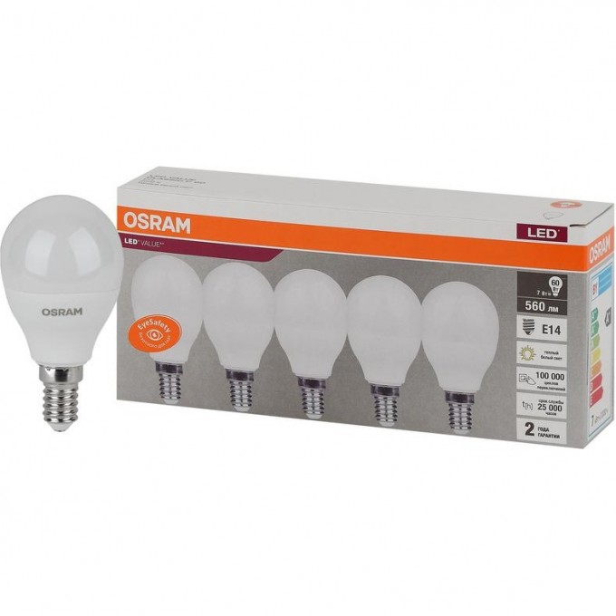 Лампа светодиодная LED OSRAM VALUE LVCLP60 7SW/830 7Вт E14 230В 2х5 RU (уп.5шт) 4058075578104 Лампа светодиодная LED OSRAM VALUE LVCLP60 7SW/830 7Вт E14 230В 2х5 RU (уп.5шт) 4058075578104