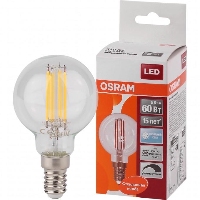 Лампа светодиодная OSRAM FILAMENT LED 5Вт E14 CLB60D белый диммируемая,прозрачный шар 4058075230446 Лампа светодиодная OSRAM FILAMENT LED 5Вт E14 CLB60D белый диммируемая,прозрачный шар 4058075230446