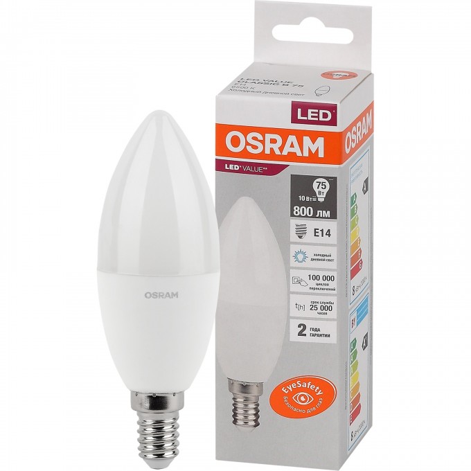 Лампа светодиодная OSRAM LED 10 Вт E14 6500К 800Лм свеча 220 В (замена 75Вт) 4058075579262 Лампа светодиодная OSRAM LED 10 Вт E14 6500К 800Лм свеча 220 В (замена 75Вт) 4058075579262