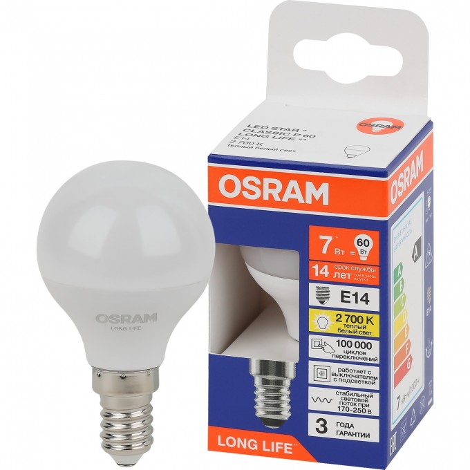Лампа светодиодная OSRAM LED 7Вт Е14 2700К 600Лм шар 220В 4099854186424 Лампа светодиодная OSRAM LED 7Вт Е14 2700К 600Лм шар 220В 4099854186424