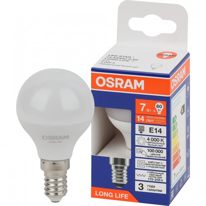 Лампа светодиодная OSRAM LED 7Вт Е14 4000К 600Лм шар 220В 4099854186455 Лампа светодиодная OSRAM LED 7Вт Е14 4000К 600Лм шар 220В 4099854186455