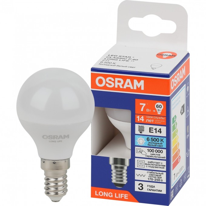 Лампа светодиодная OSRAM LED 7Вт Е14 6500К 600Лм шар 220В 4099854186486 Лампа светодиодная OSRAM LED 7Вт Е14 6500К 600Лм шар 220В 4099854186486