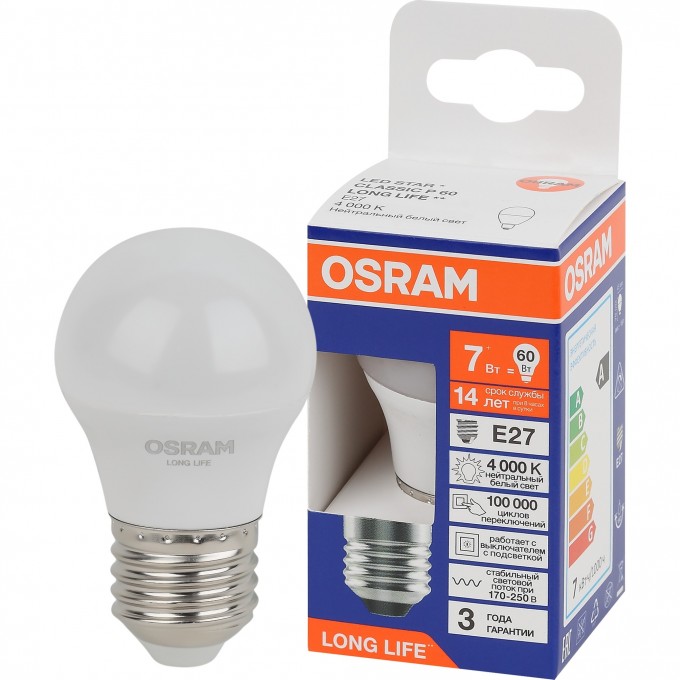 Лампа светодиодная OSRAM LED 7Вт Е27 4000К 600Лм шар 220В 4099854186547 Лампа светодиодная OSRAM LED 7Вт Е27 4000К 600Лм шар 220В 4099854186547