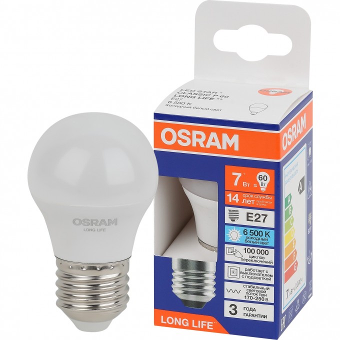 Лампа светодиодная OSRAM LED 7Вт Е27 6500К 600Лм шар 220В 4099854186578 Лампа светодиодная OSRAM LED 7Вт Е27 6500К 600Лм шар 220В 4099854186578