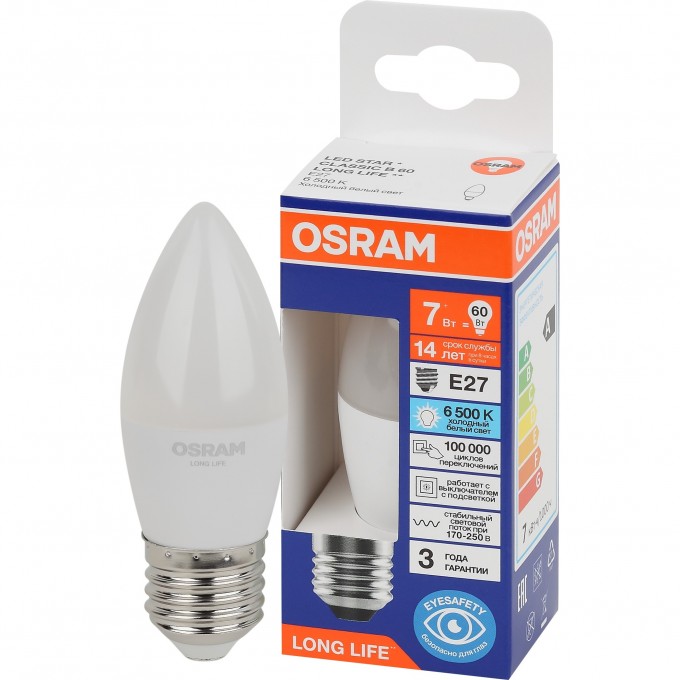 Лампа светодиодная OSRAM LED 7Вт Е27 6500К 600Лм свеча 220В 4099854186394 Лампа светодиодная OSRAM LED 7Вт Е27 6500К 600Лм свеча 220В 4099854186394