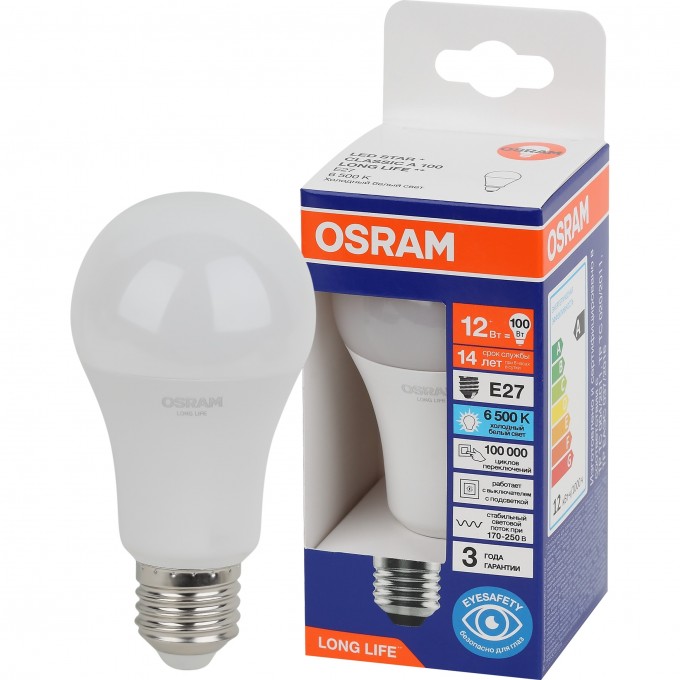Лампа светодиодная OSRAM LONG LIFE LED 12Вт Е27 6500К 1055Лм груша 220В (замена 100Вт) 4099854186127 Лампа светодиодная OSRAM LONG LIFE LED 12Вт Е27 6500К 1055Лм груша 220В (замена 100Вт) 4099854186127