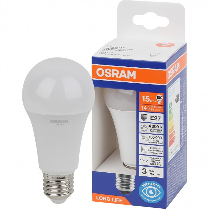 Лампа светодиодная OSRAM LONG LIFE LED 15Вт Е27 4000К 1521Лм груша 220В (замена 150Вт) 4099854186189 Лампа светодиодная OSRAM LONG LIFE LED 15Вт Е27 4000К 1521Лм груша 220В (замена 150Вт) 4099854186189