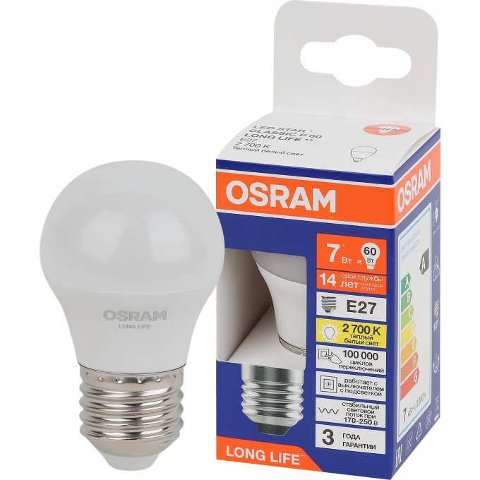 Лампа светодиодная OSRAM LONG LIFE LED 7Вт Е27 2700К 600Лм шар 220В (замена 60Вт) 4099854186516 Лампа светодиодная OSRAM LONG LIFE LED 7Вт Е27 2700К 600Лм шар 220В (замена 60Вт) 4099854186516